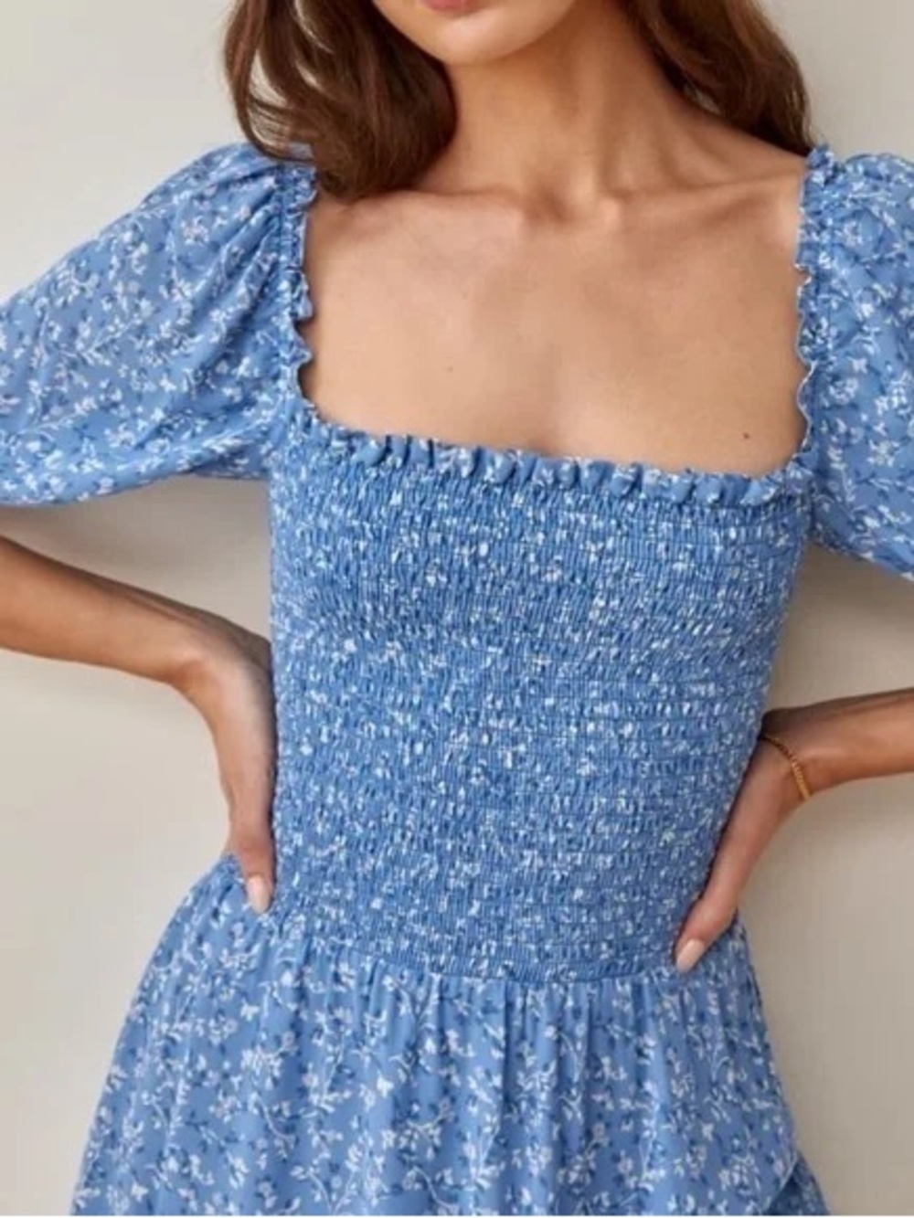 Reformation Elle Blue Floral Mini Dress Smocked Cottagecore Size 4